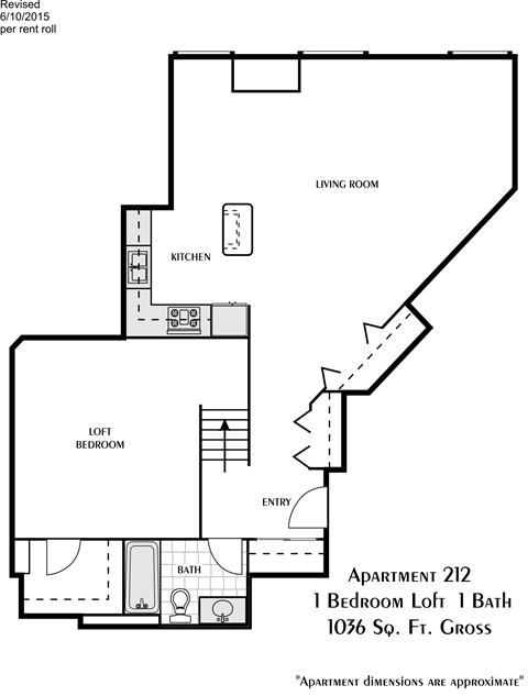 Floor plan for 1 bed, 1 bath, 1036 sqft